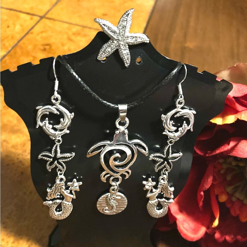 Handmade Ocean Life Earring Necklace and Brooch Combo Lot Mermaid Starfish